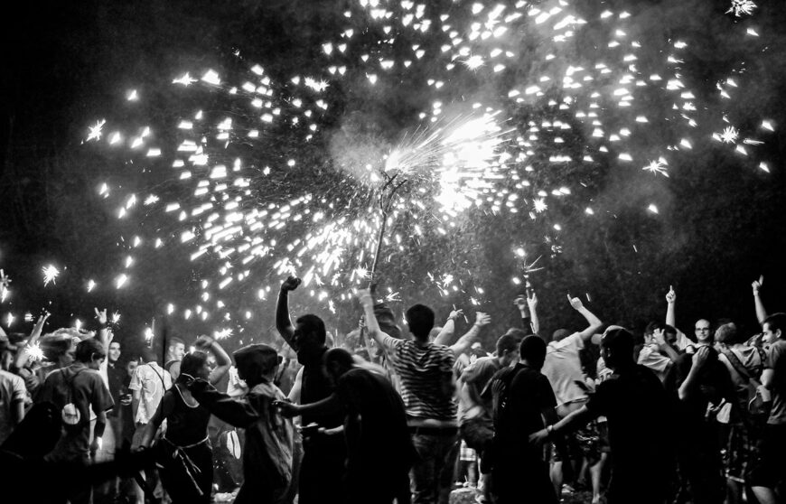 lights and fires in the night for a traditional festival in Terrassa, Catalonia